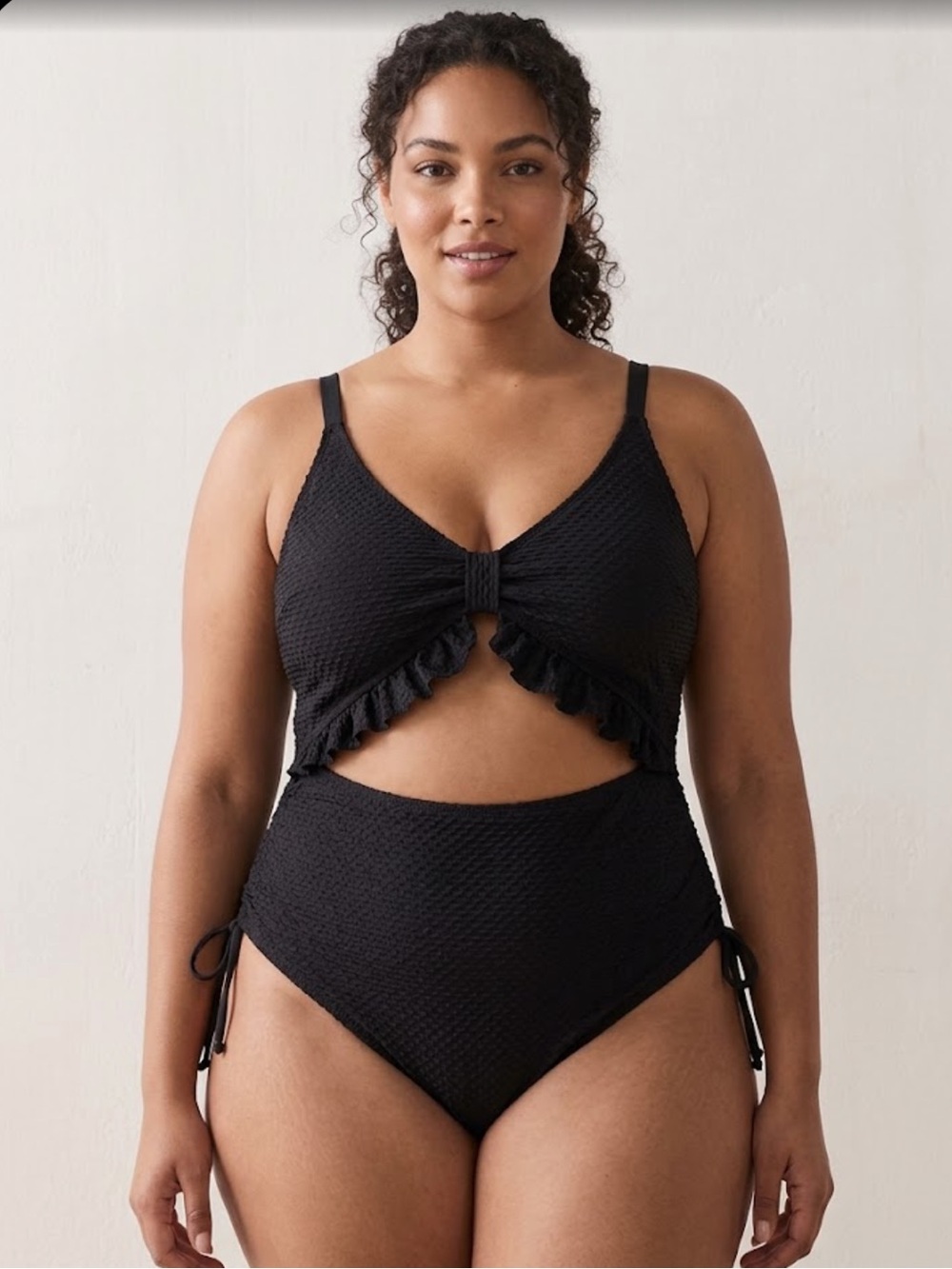 Textured Ruffle One Piece Swimsuit Black Size XXL